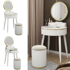 Vicco Coiffeuse Blanc 60cm avec miroir LED en 3 tons de blanc, variateur de lumière
