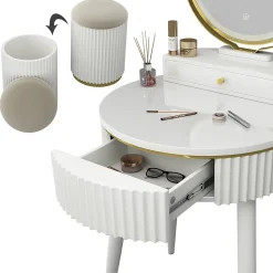 Vicco Coiffeuse Blanc 60cm avec miroir LED en 3 tons de blanc, variateur de lumière