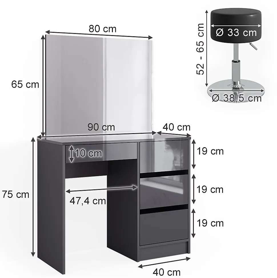Vicco Coiffeuse Anthracite 40cm avec tabouret