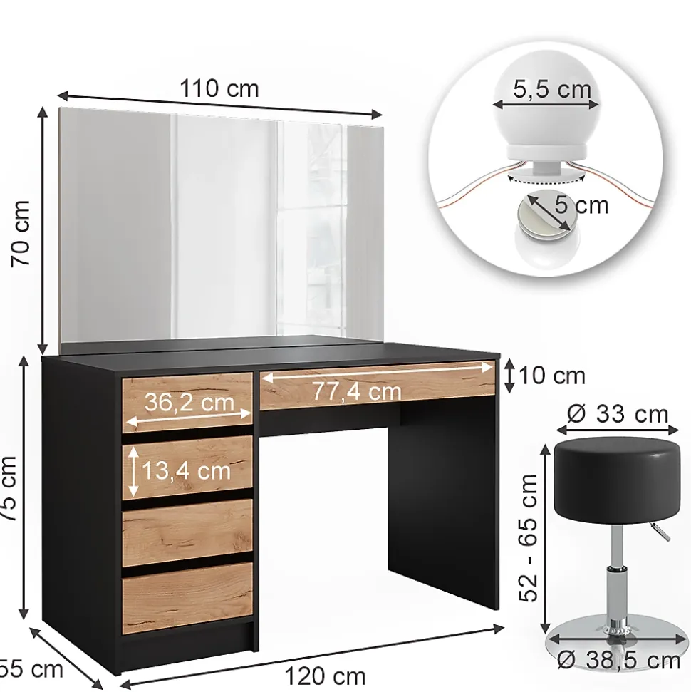 Vicco Coiffeuse Anthracite/chêne doré 120x75cm avec éclairage LED et tabouret
