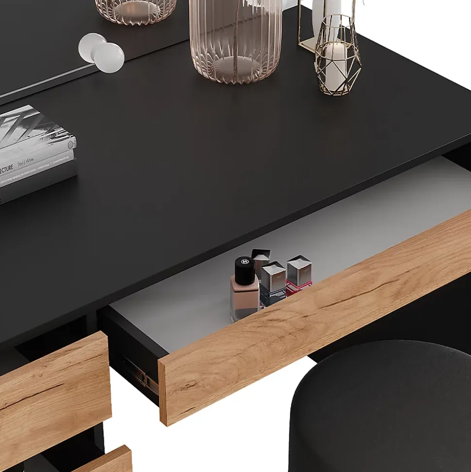 Vicco Coiffeuse Anthracite/chêne doré 120x75cm avec éclairage LED et tabouret