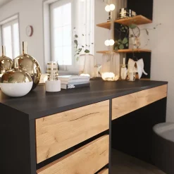 Vicco Coiffeuse Anthracite/chêne doré 120x75cm avec éclairage LED et tabouret
