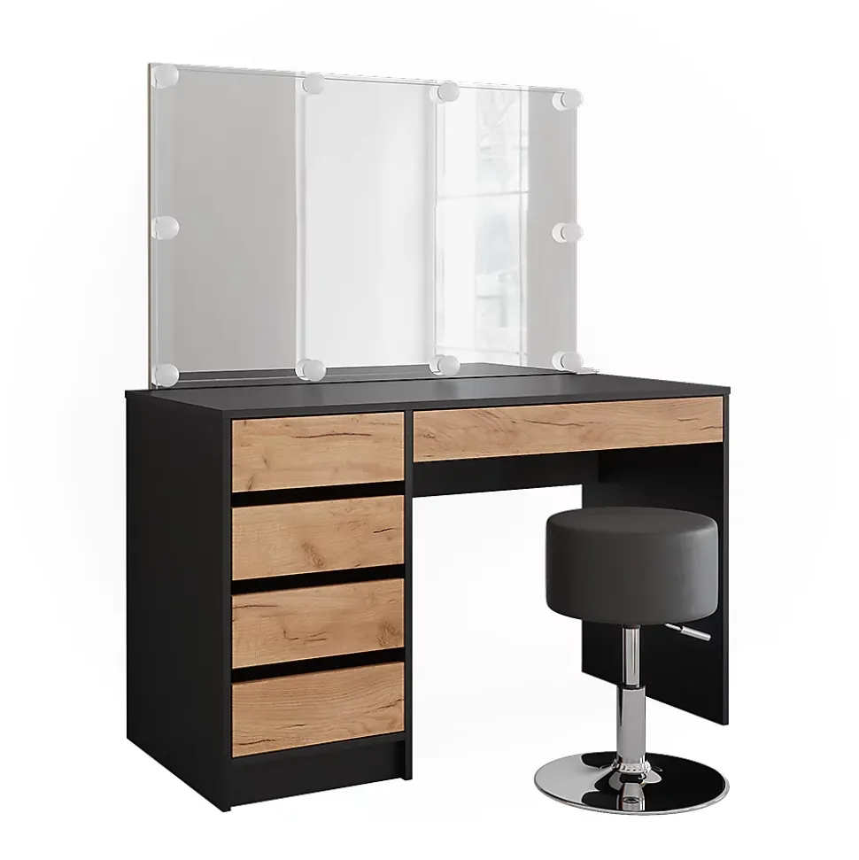 Vicco Coiffeuse Anthracite/chêne doré 120x75cm avec éclairage LED et tabouret