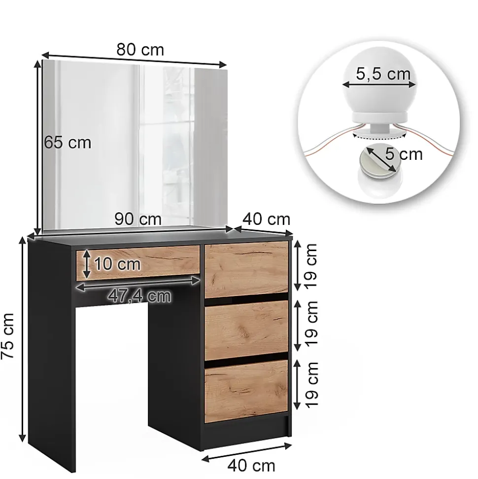 Vicco Coiffeuse Anthracite/chêne doré 90x75cm avec miroir & éclairage LED