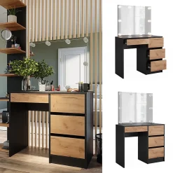 Vicco Coiffeuse Anthracite/chêne doré 90x75cm avec miroir & éclairage LED