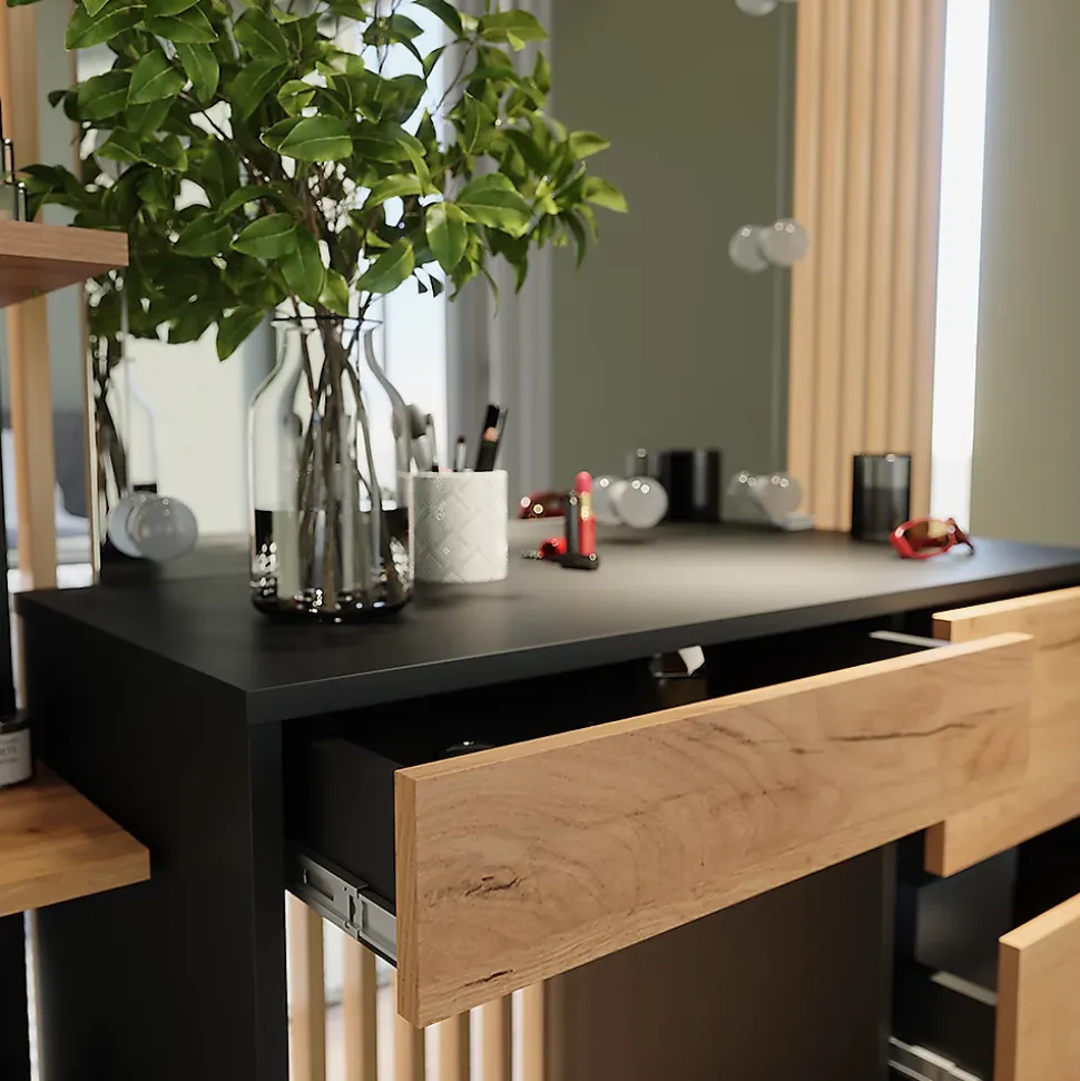 Vicco Coiffeuse Anthracite/chêne doré 90x75cm avec miroir & éclairage LED