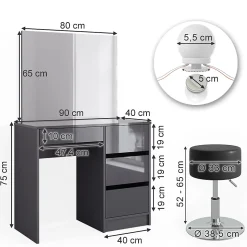 Vicco Coiffeuse Anthracite 40cm avec éclairage LED et tabouret