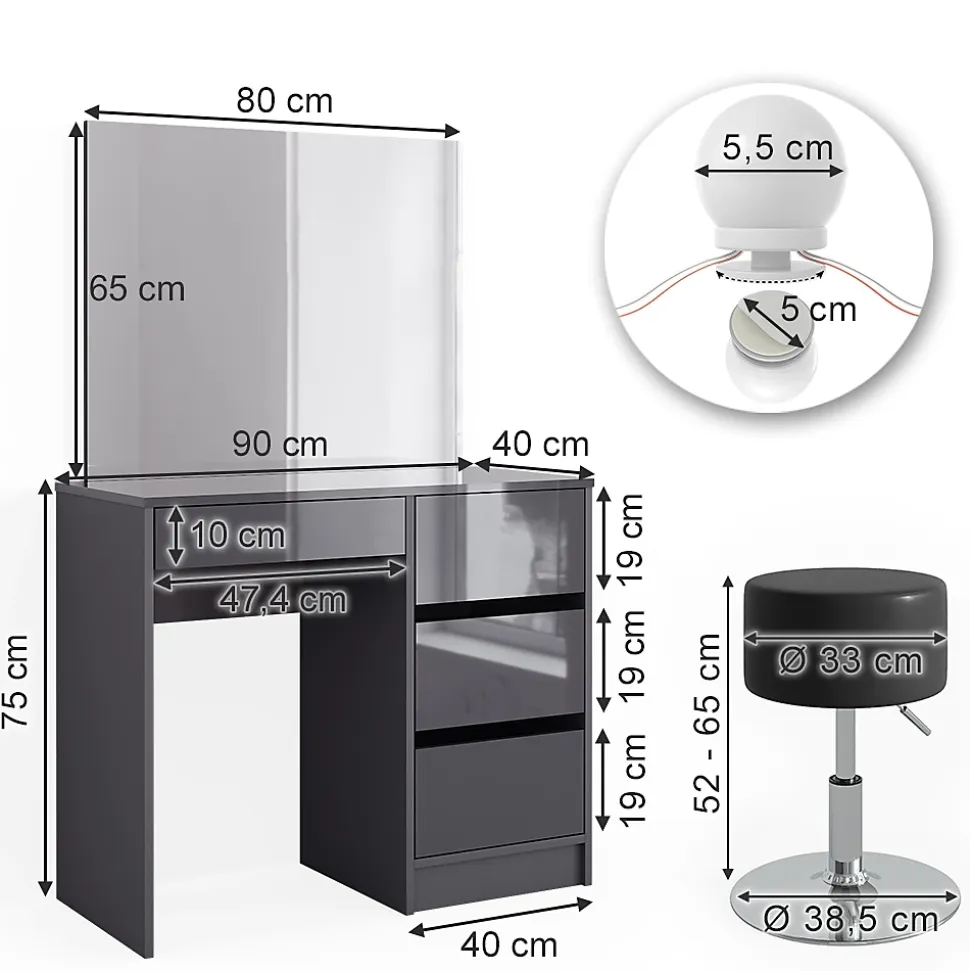 Vicco Coiffeuse Anthracite 40cm avec éclairage LED et tabouret