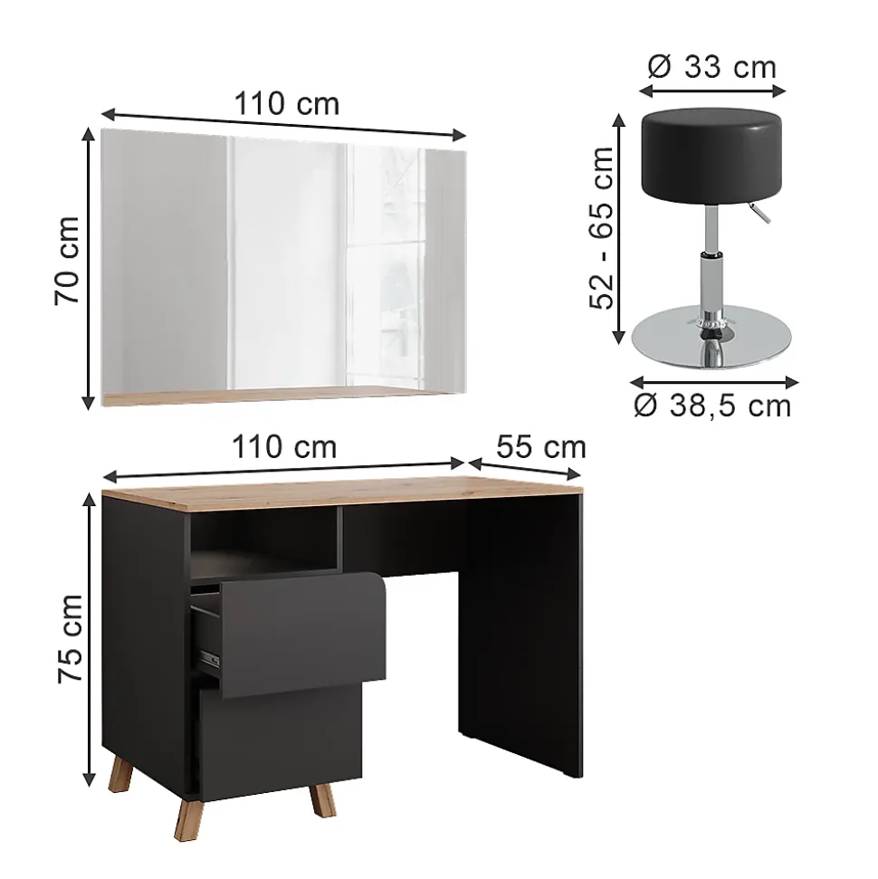 Vicco Coiffeuse Anthracite/Artisan 110cm avec tabouret