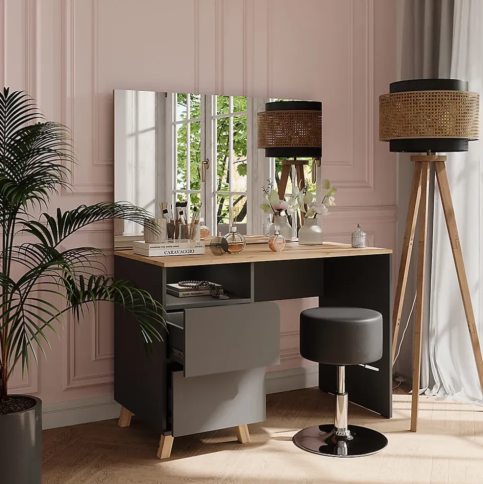 Vicco Coiffeuse Anthracite/Artisan 110cm avec tabouret