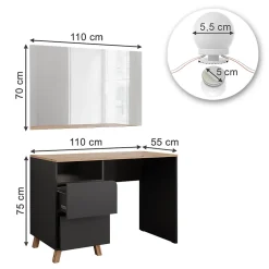 Vicco Coiffeuse Anthracite/Artisan 110cm avec guirlande lumineuse LED