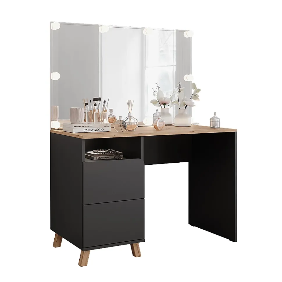 Vicco Coiffeuse Anthracite/Artisan 110cm avec guirlande lumineuse LED