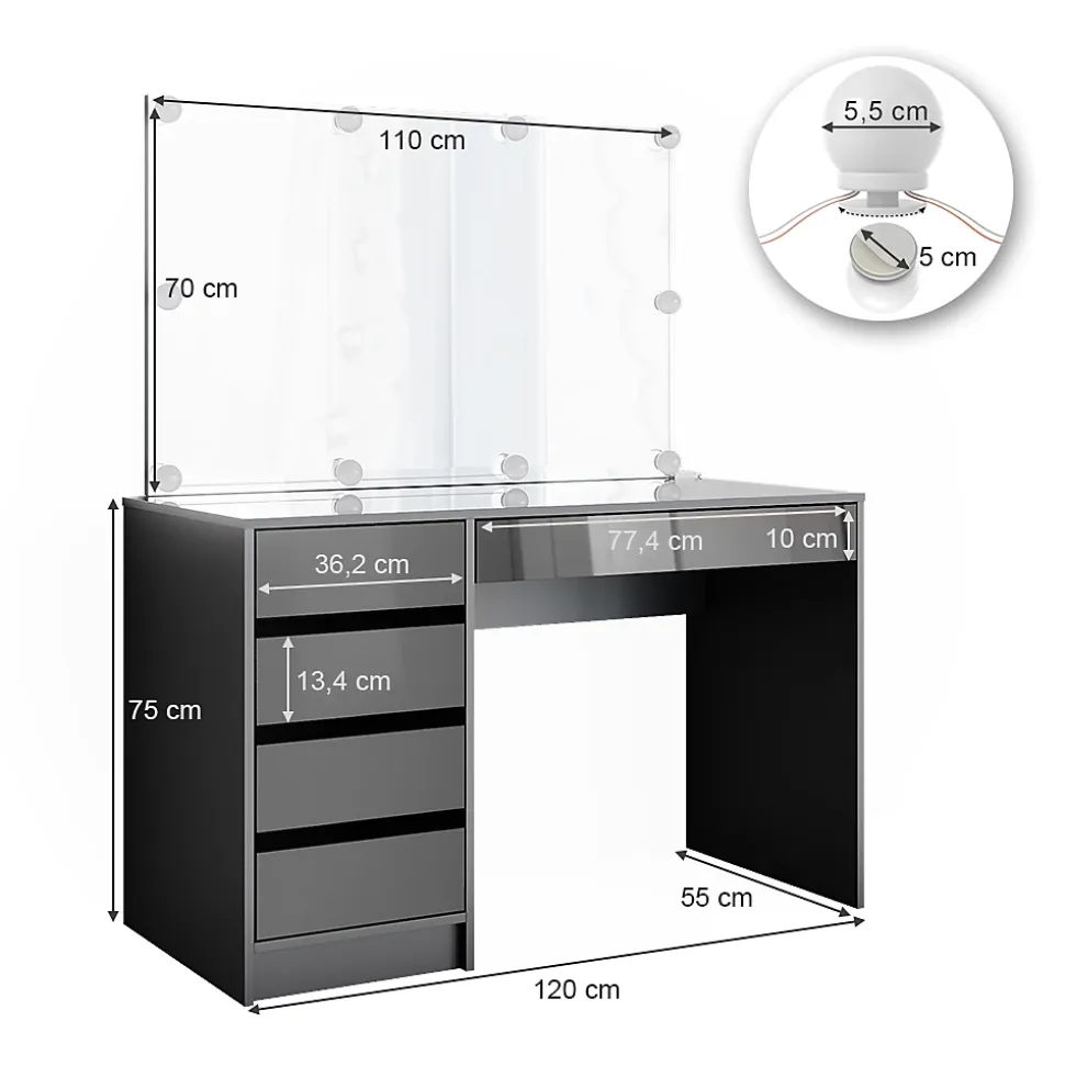 Vicco Coiffeuse Anthracite 55cm avec éclairage LED