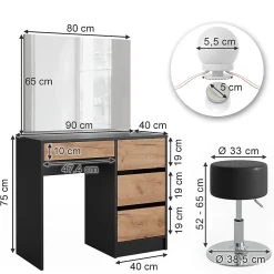 Vicco Coiffeuse Anthracite/chêne doré 90x75cm avec miroir, éclairage LED & tabouret