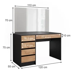 Vicco Coiffeuse Anthracite/chêne doré 120x75cm avec miroir
