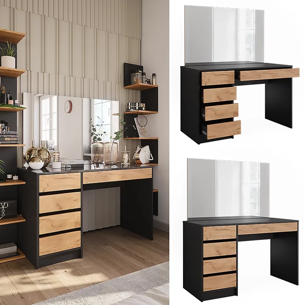 Vicco Coiffeuse Anthracite/chêne doré 120x75cm avec miroir