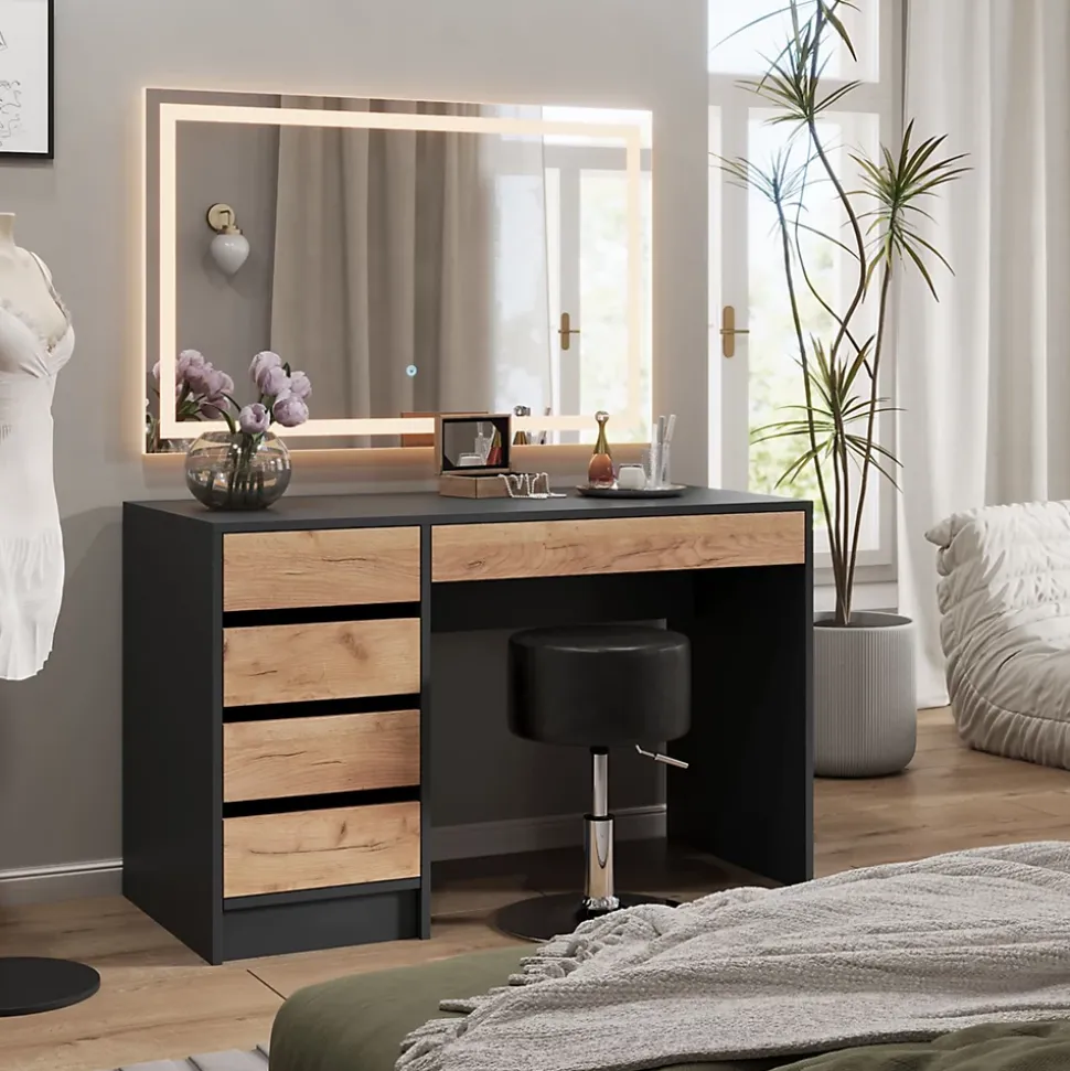 Vicco Coiffeuse Anthracite/chêne doré 120x75cm avec miroir LED et tabouret
