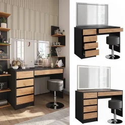 Vicco Coiffeuse Anthracite/chêne doré 120x75cm avec miroir LED et tabouret