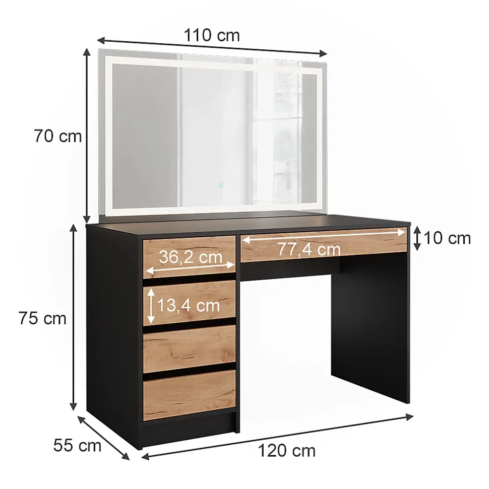 Vicco Coiffeuse Anthracite/chêne doré 120x75cm avec miroir LED