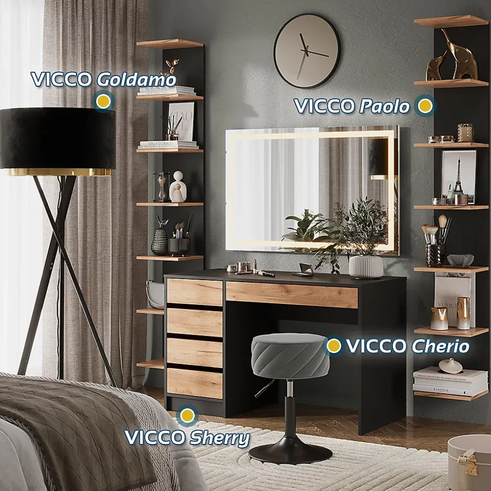 Vicco Coiffeuse Anthracite/chêne doré 120x75cm avec miroir LED
