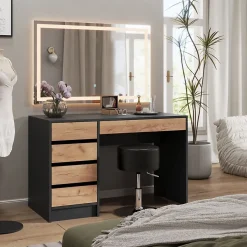 Vicco Coiffeuse Anthracite/chêne doré 120x75cm avec miroir LED