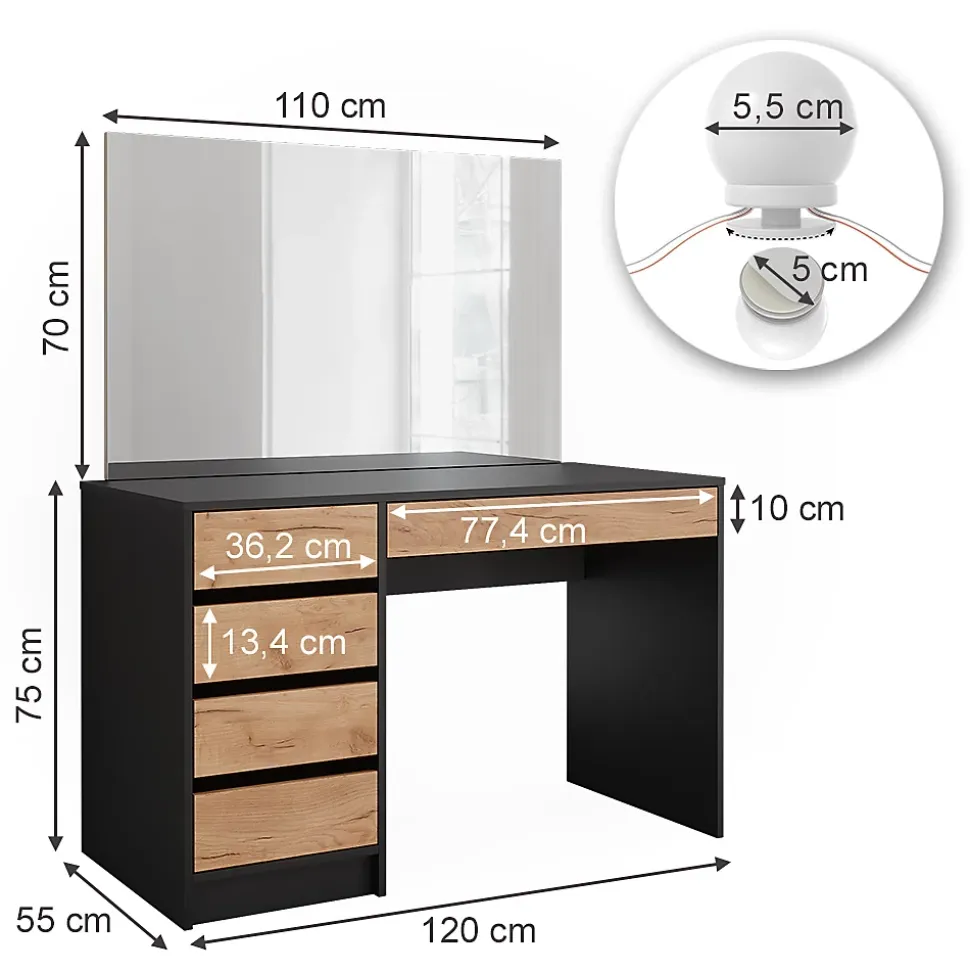 Vicco Coiffeuse Anthracite/chêne doré 120x75cm avec miroir & éclairage LED