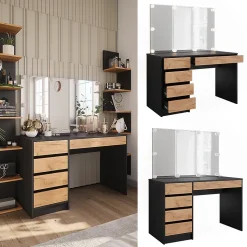 Vicco Coiffeuse Anthracite/chêne doré 120x75cm avec miroir & éclairage LED