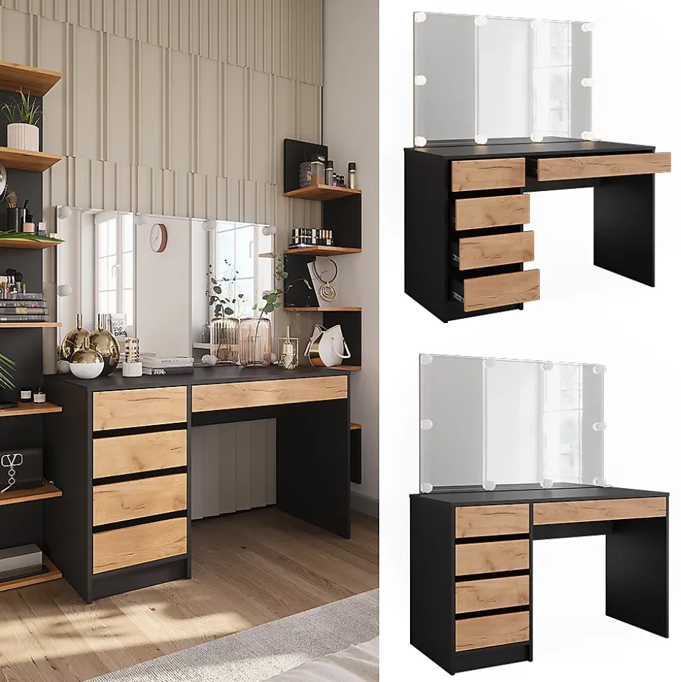 Vicco Coiffeuse Anthracite/chêne doré 120x75cm avec miroir & éclairage LED