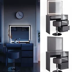 Vicco Coiffeuse Anthracite 40cm avec miroir LED et tabouret