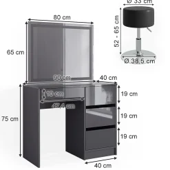 Vicco Coiffeuse Anthracite 40cm avec miroir LED et tabouret