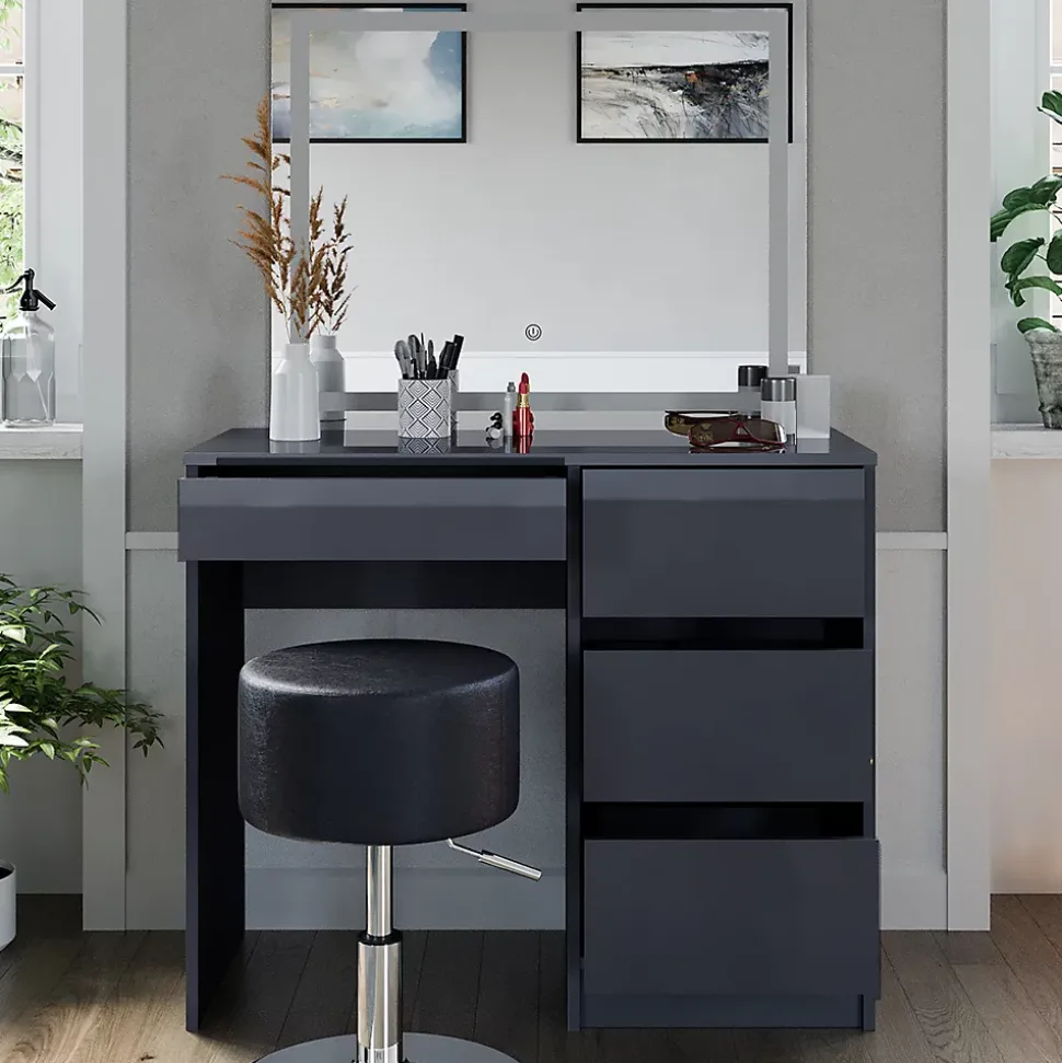 Vicco Coiffeuse Anthracite 40cm avec miroir LED et tabouret
