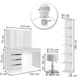 Vicco Coiffeuse Blanc 4 pièces, avec étagère de rangement, miroir, tabouret, LED