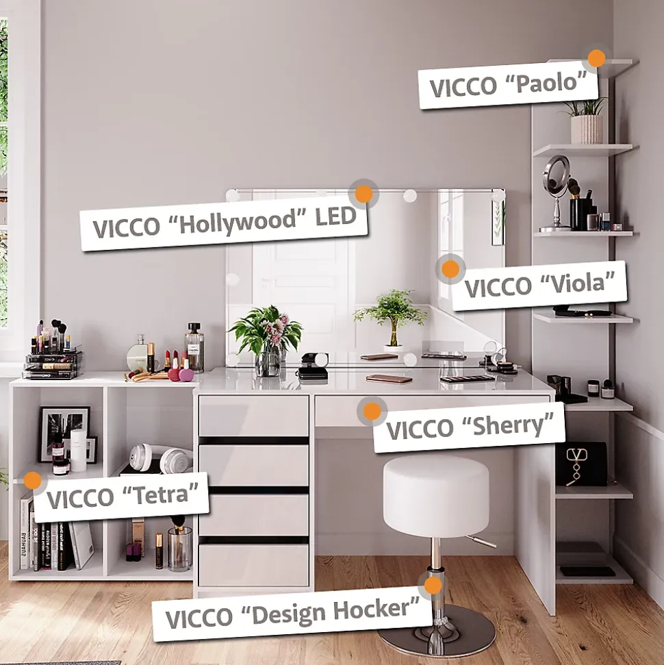 Vicco Coiffeuse Blanc 5 pièces, avec étagère de rangement, étagère sur pied, miroir, tabouret, LED