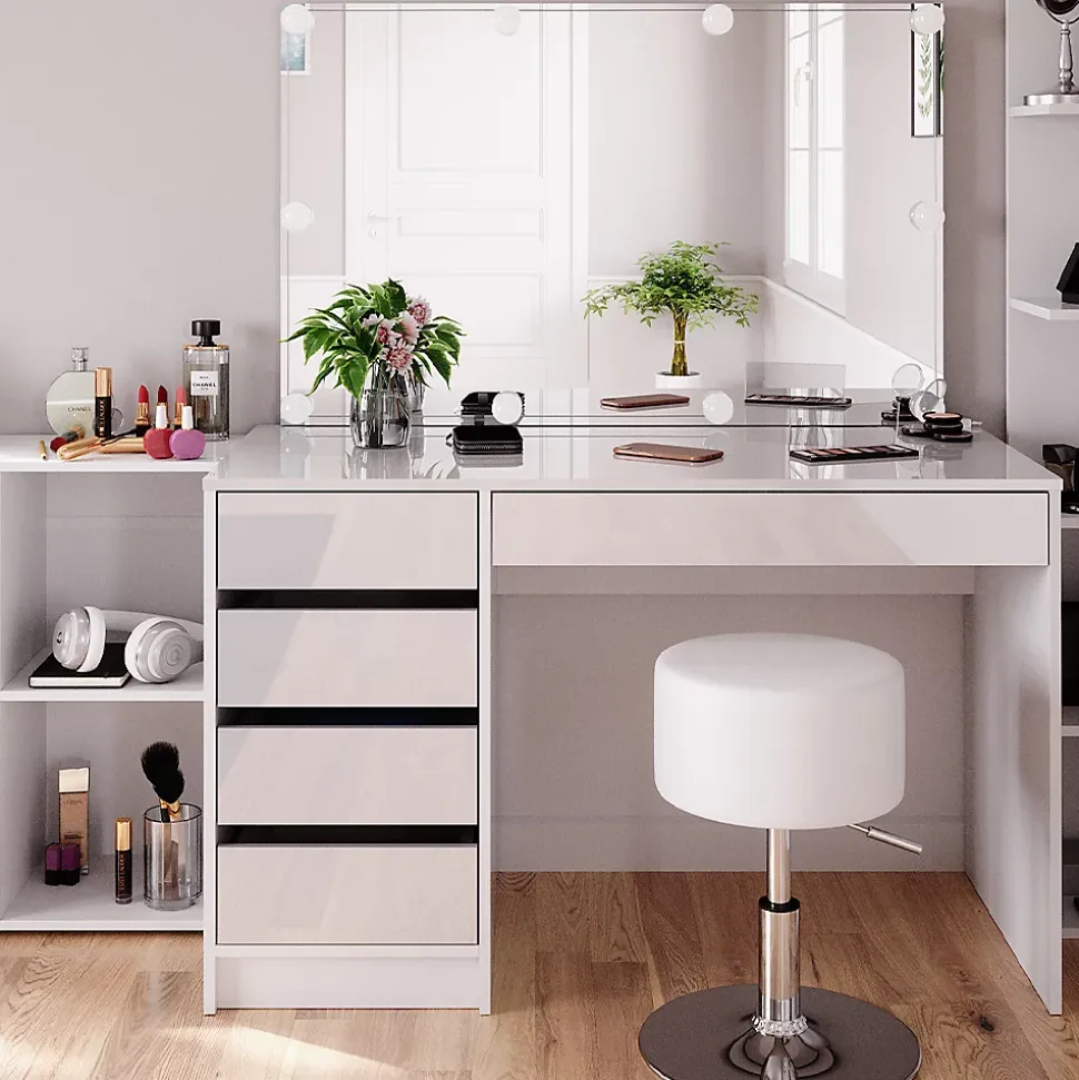 Vicco Coiffeuse Blanc 5 pièces, avec étagère de rangement, étagère sur pied, miroir, tabouret, LED