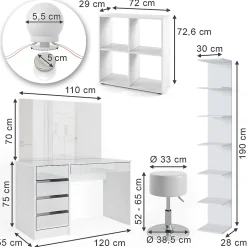 Vicco Coiffeuse Blanc 5 pièces, avec étagère de rangement, étagère sur pied, miroir, tabouret, LED
