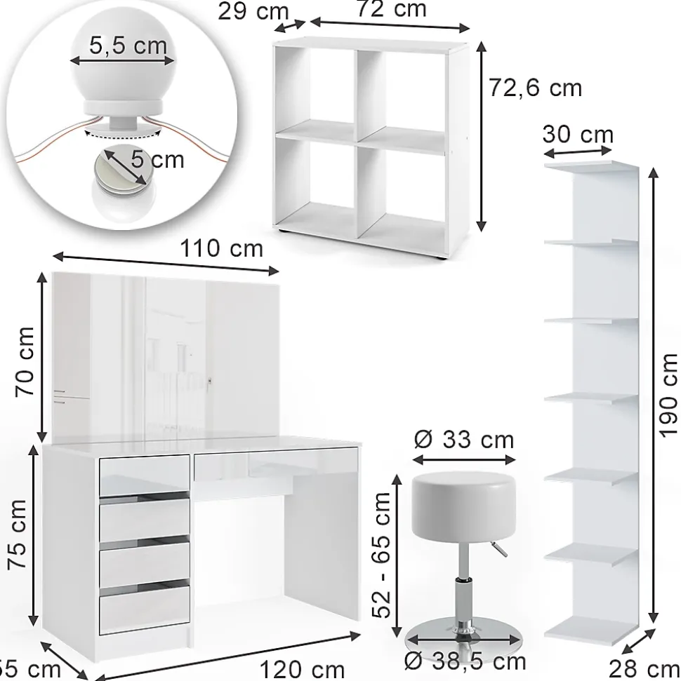 Vicco Coiffeuse Blanc 5 pièces, avec étagère de rangement, étagère sur pied, miroir, tabouret, LED