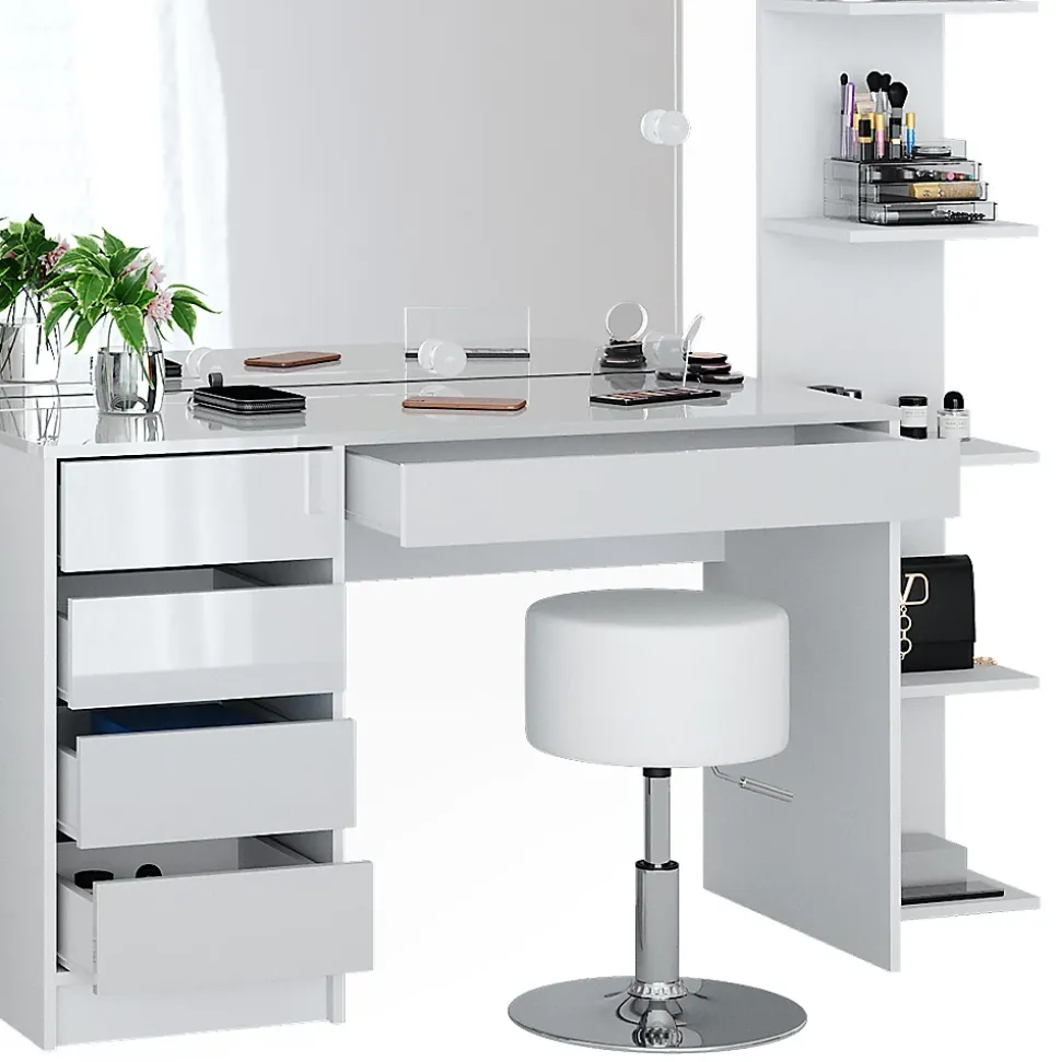 Vicco Coiffeuse Blanc 5 pièces, avec étagère de rangement, étagère sur pied, miroir, tabouret, LED