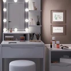 Vicco Coiffeuse Blanc avec armoire à tiroirs, éclairage LED et tabouret