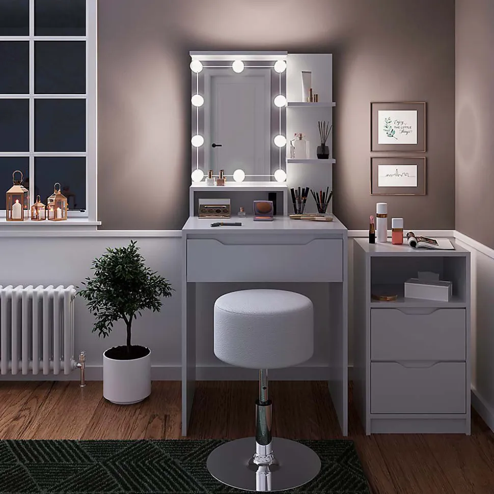 Vicco Coiffeuse Blanc avec armoire à tiroirs, éclairage LED et tabouret