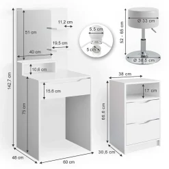 Vicco Coiffeuse Blanc avec armoire à tiroirs, éclairage LED et tabouret