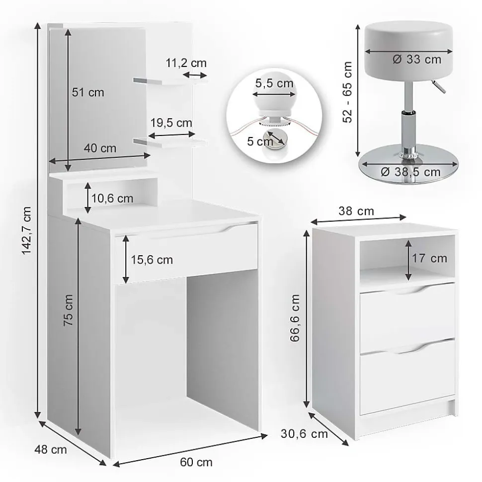 Vicco Coiffeuse Blanc avec armoire à tiroirs, éclairage LED et tabouret