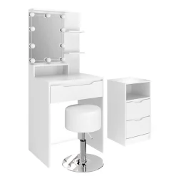 Vicco Coiffeuse Blanc avec armoire à tiroirs, éclairage LED et tabouret