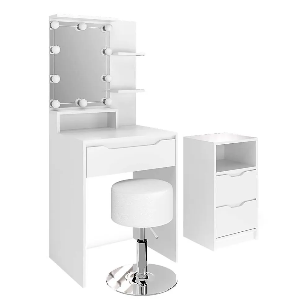Vicco Coiffeuse Blanc avec armoire à tiroirs, éclairage LED et tabouret