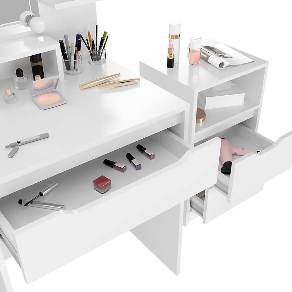 Vicco Coiffeuse Blanc avec armoire à tiroirs, éclairage LED et tabouret