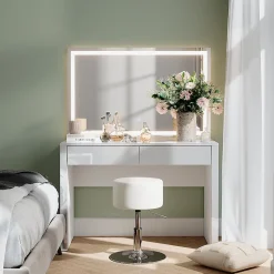 Vicco Coiffeuse blanc brillant/blanc 110cm avec miroir LED et tabouret