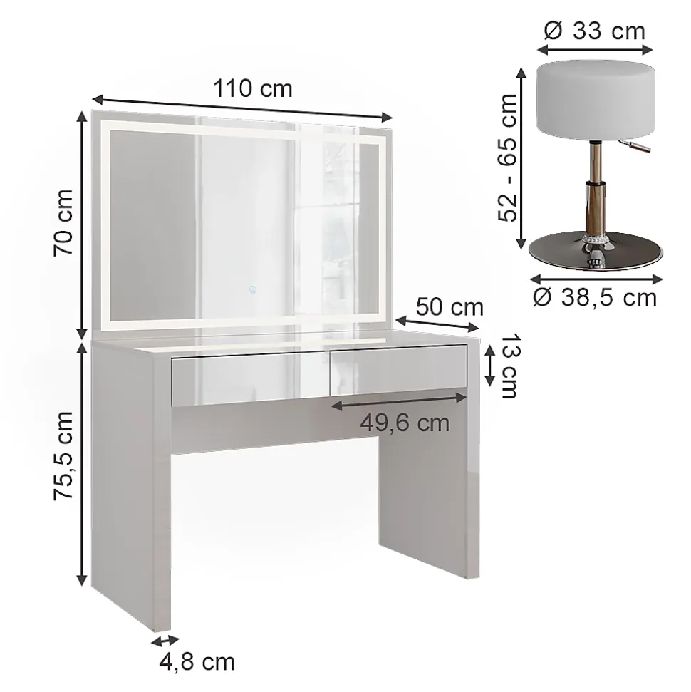 Vicco Coiffeuse blanc brillant/blanc 110cm avec miroir LED et tabouret