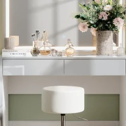 Vicco Coiffeuse blanc brillant/blanc 110cm avec miroir LED et tabouret