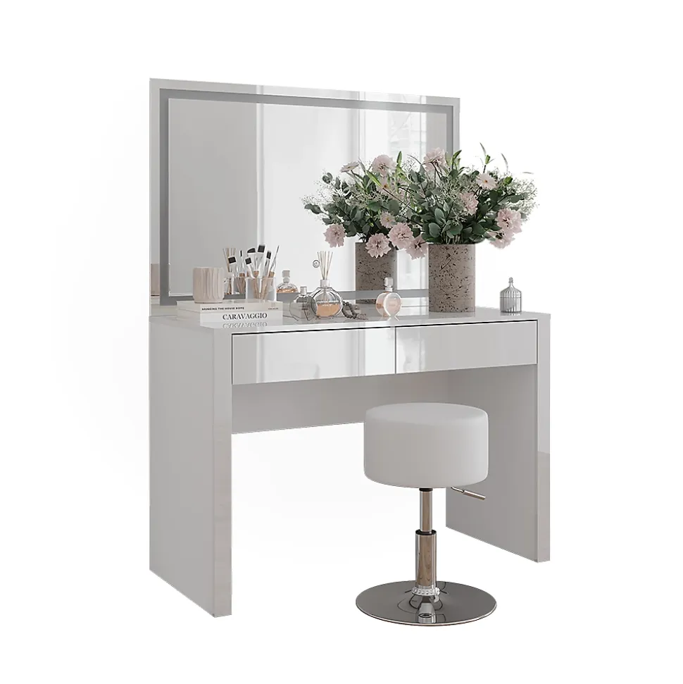 Vicco Coiffeuse blanc brillant/blanc 110cm avec miroir LED et tabouret