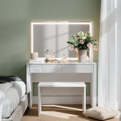 Vicco Coiffeuse blanc brillant/blanc 110cm avec miroir LED et banc