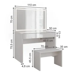 Vicco Coiffeuse blanc brillant/blanc 110cm avec miroir LED et banc